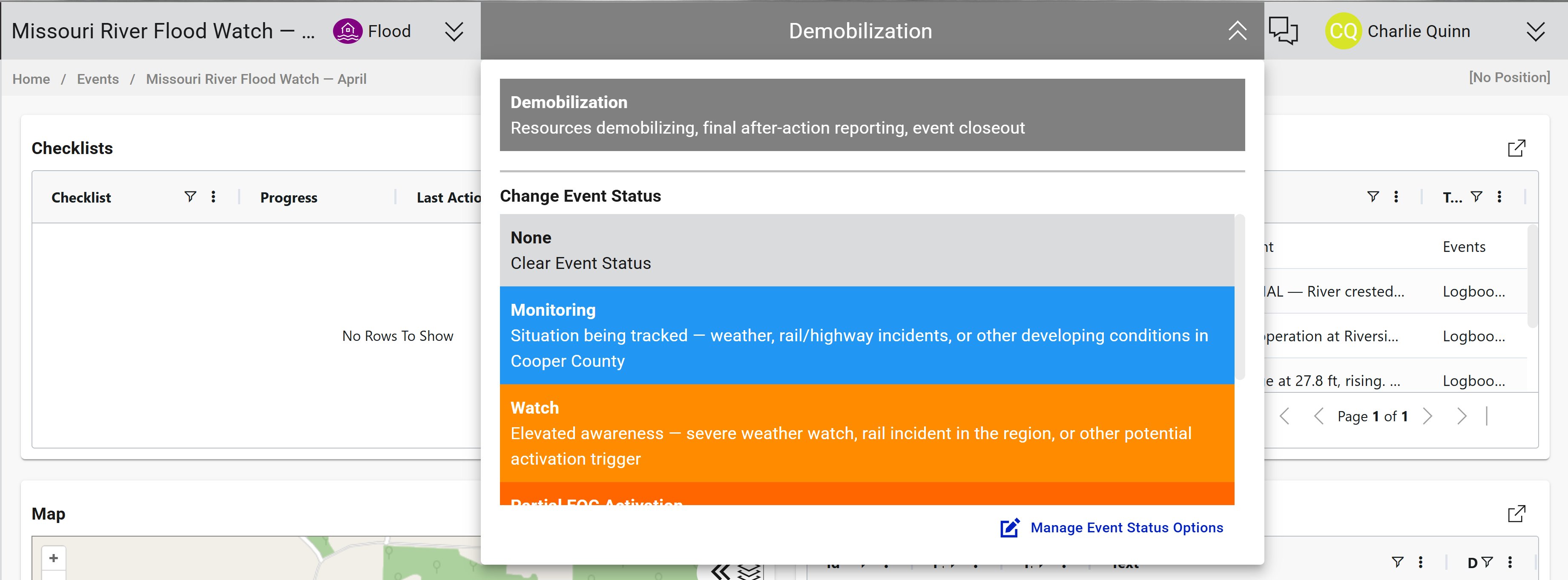 Change Event Status dialog showing Standby, Alert, Active Response, Under Control, and All Clear options