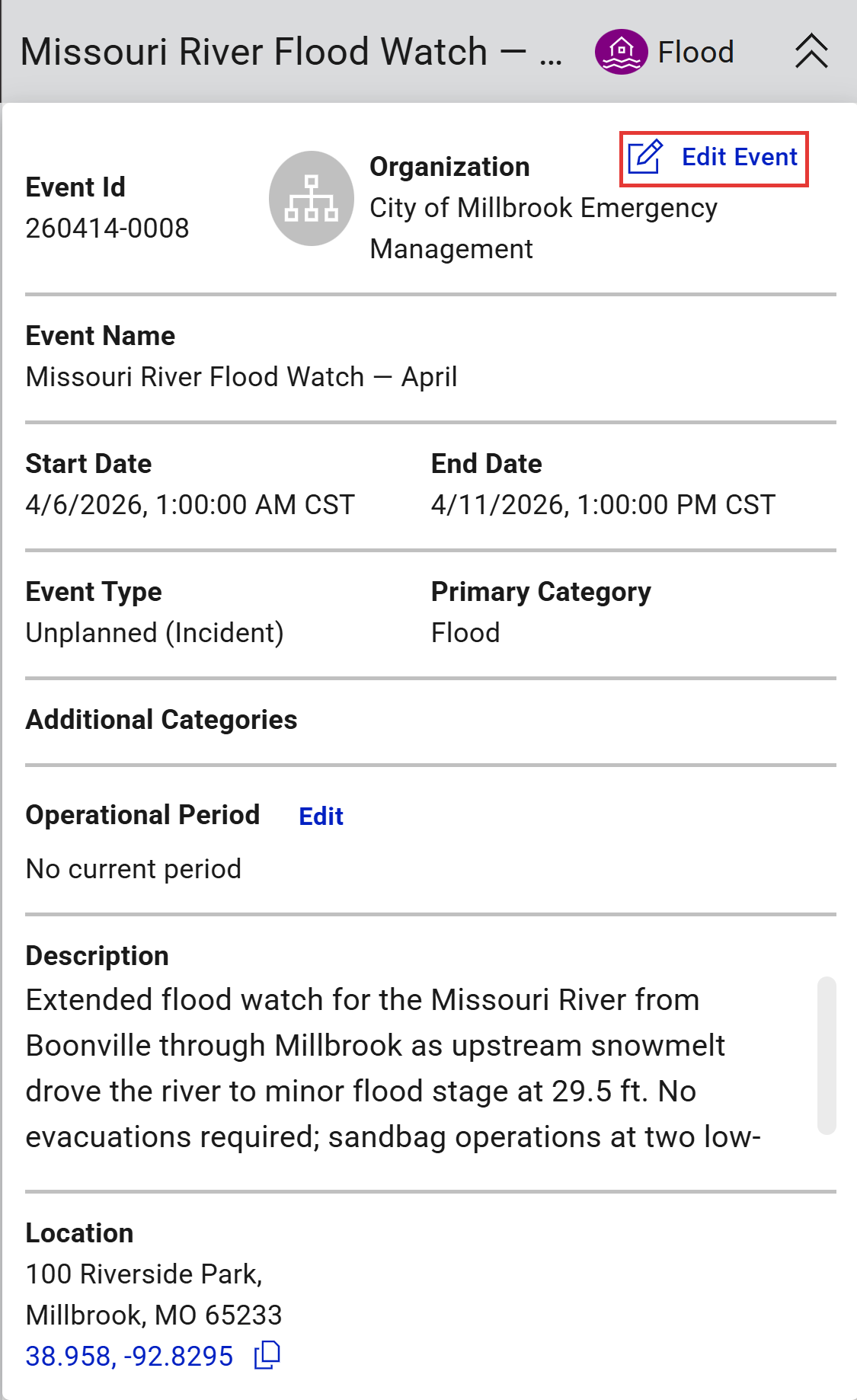 Event details flyout with the Edit Event link highlighted
