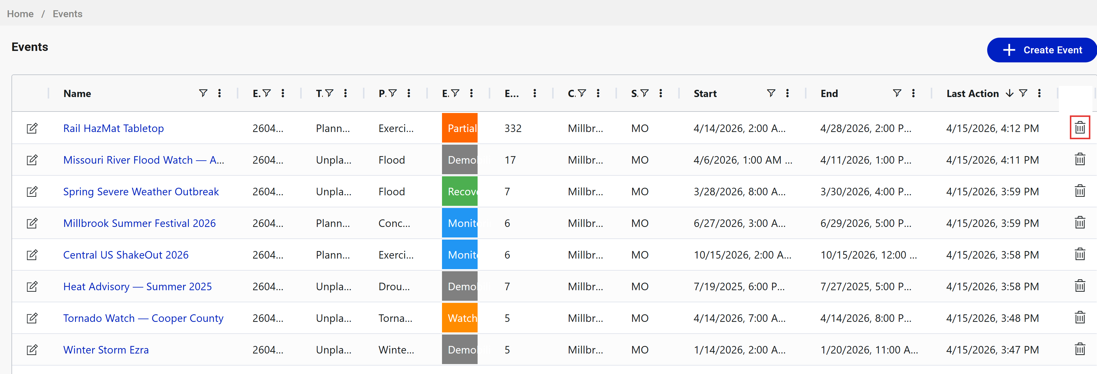 Event list with the trash can archive icon highlighted on one row